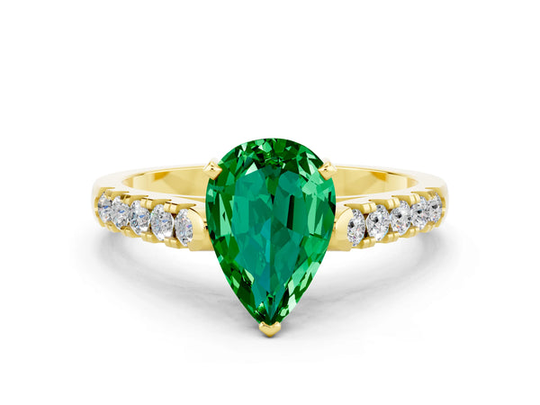 Yellow gold Pear Cut Emerald Pavé Band Solitaire Ring with Prong Setting
