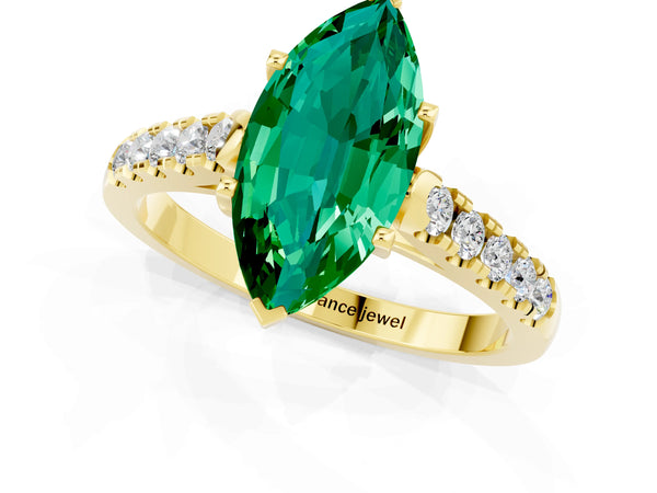 Yellow gold Marquise Cut Emerald Pavé Band Solitaire Ring with Prong Setting