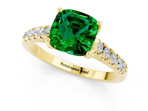 Yellow gold {shape_name} Emerald Solitaire Ring with Pavé Band and Four-Prong Setting_1