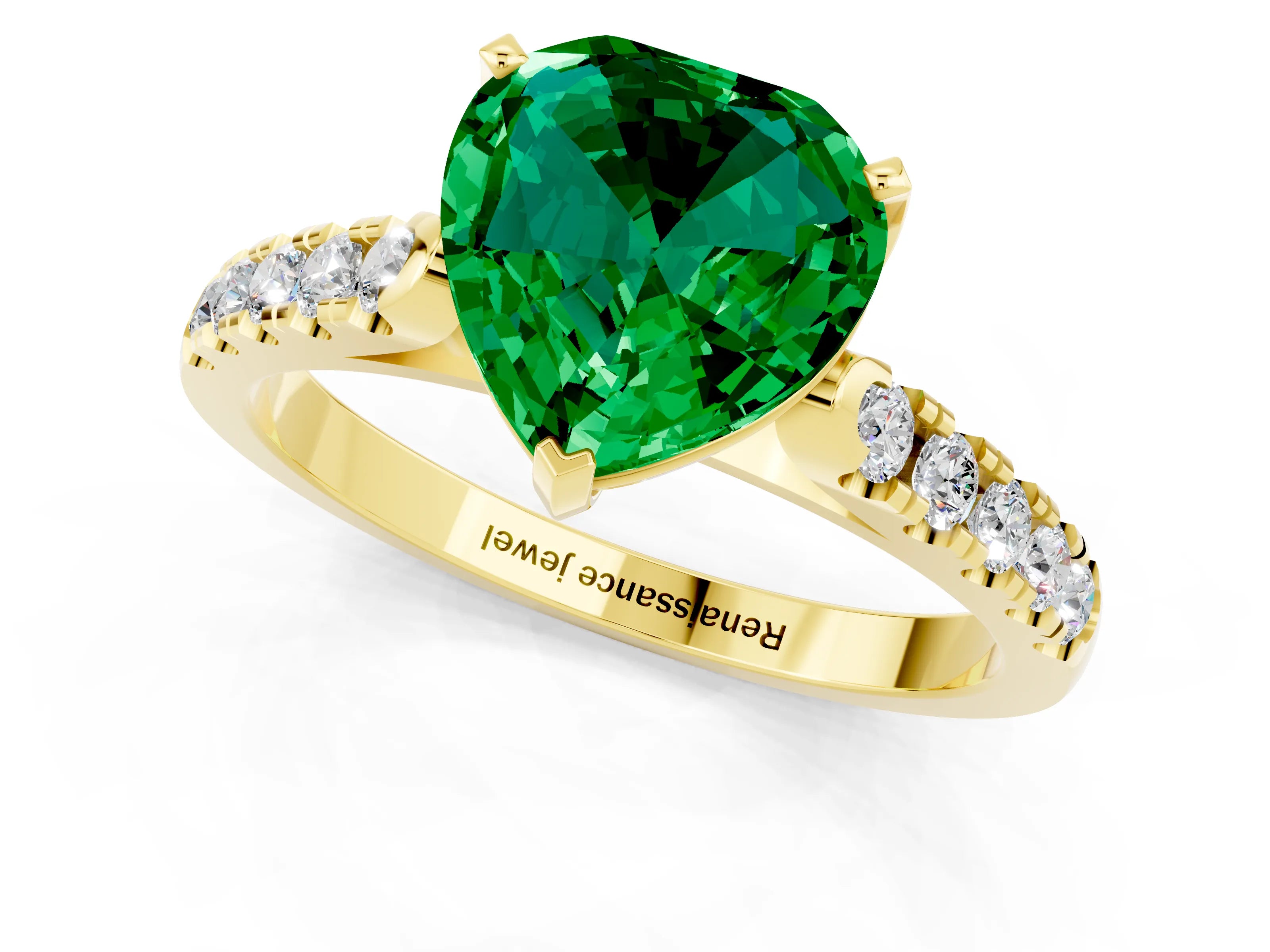 Yellow gold {shape_name} Emerald Solitaire Ring with Pavé Band and Four-Prong Setting_1