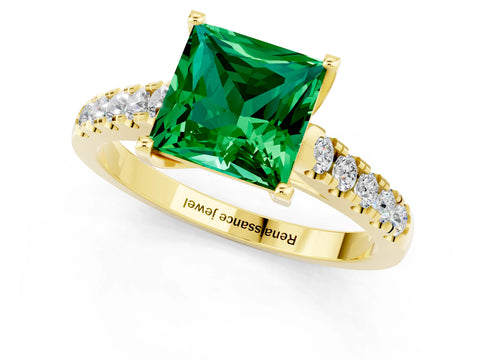 Yellow gold {shape_name} Emerald Solitaire Ring with Pavé Band and Four-Prong Setting_1