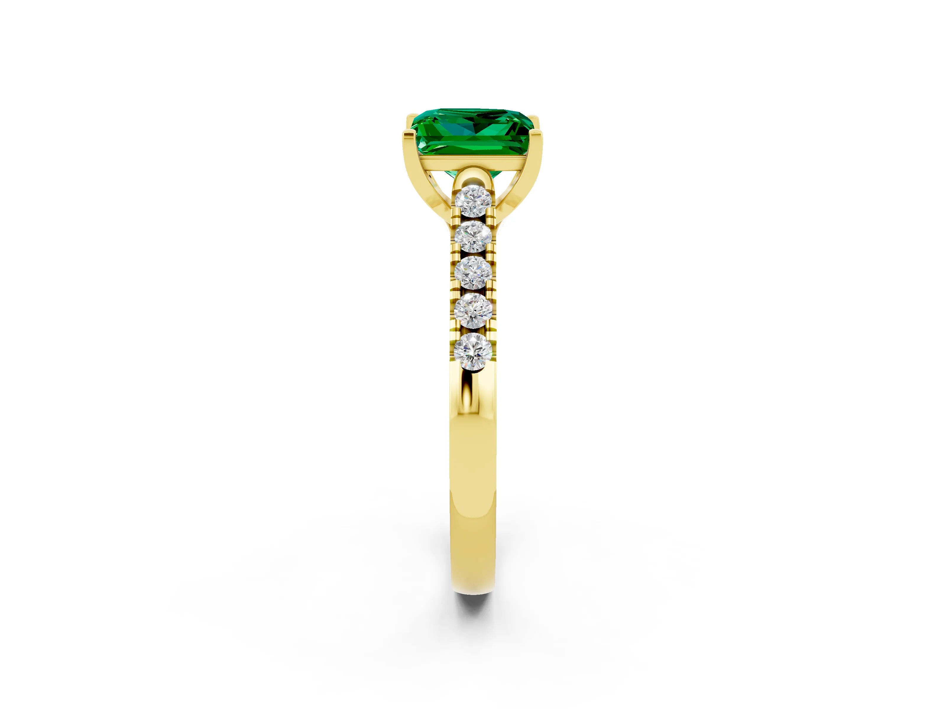 Yellow gold {shape_name} Emerald Solitaire Ring with Pavé Band and Four-Prong Setting_2