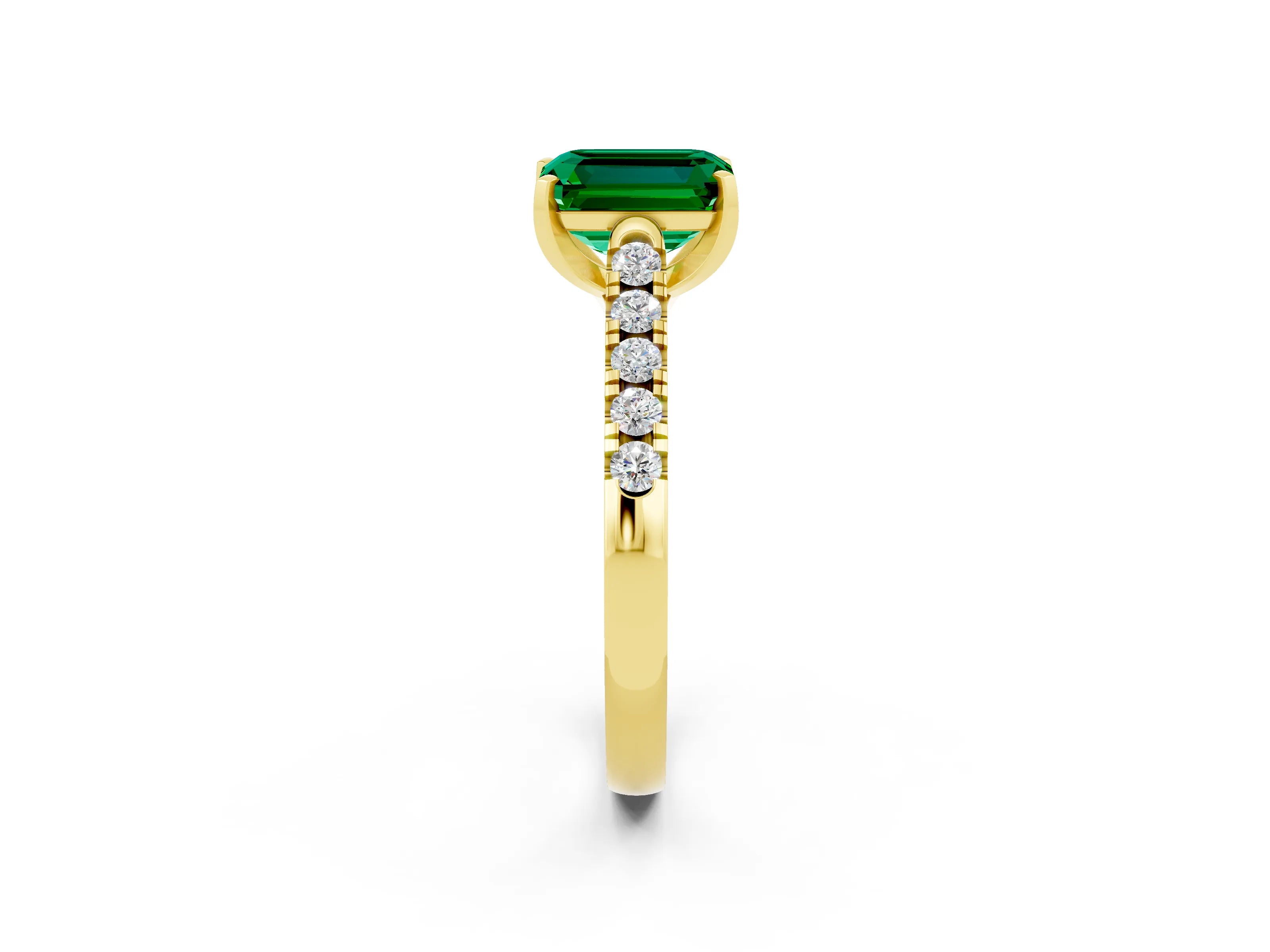 Yellow gold {shape_name} Emerald Solitaire Ring with Pavé Band and Four-Prong Setting_2