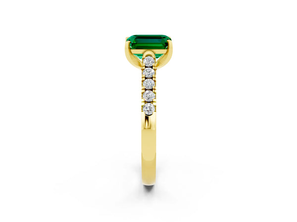 Yellow gold Emerald Cut Emerald Pavé Band Solitaire Ring with Prong Setting