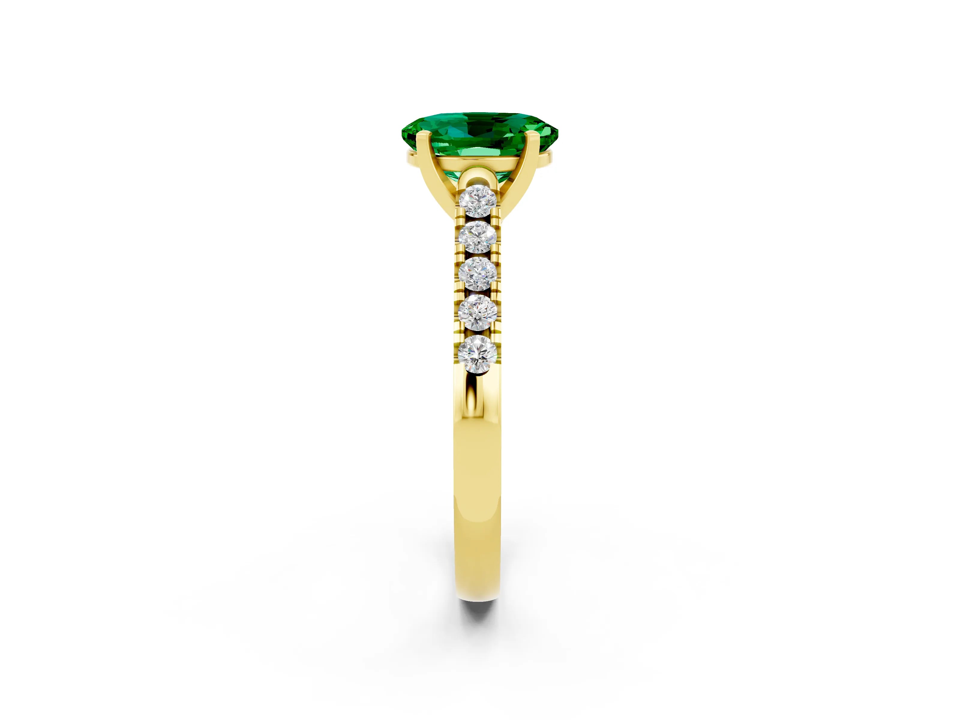 Yellow gold {shape_name} Emerald Solitaire Ring with Pavé Band and Four-Prong Setting_2