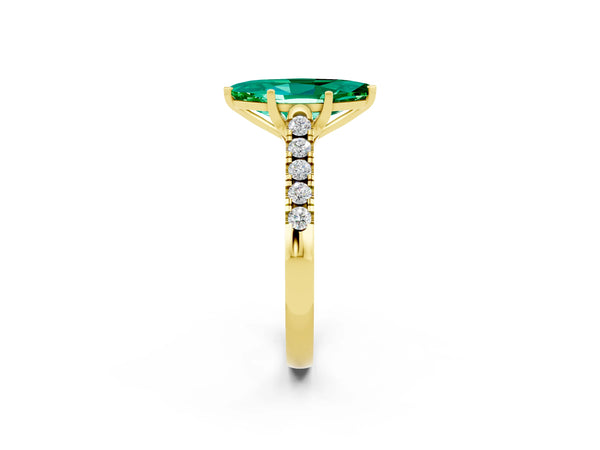 Yellow gold Marquise Cut Emerald Pavé Band Solitaire Ring with Prong Setting