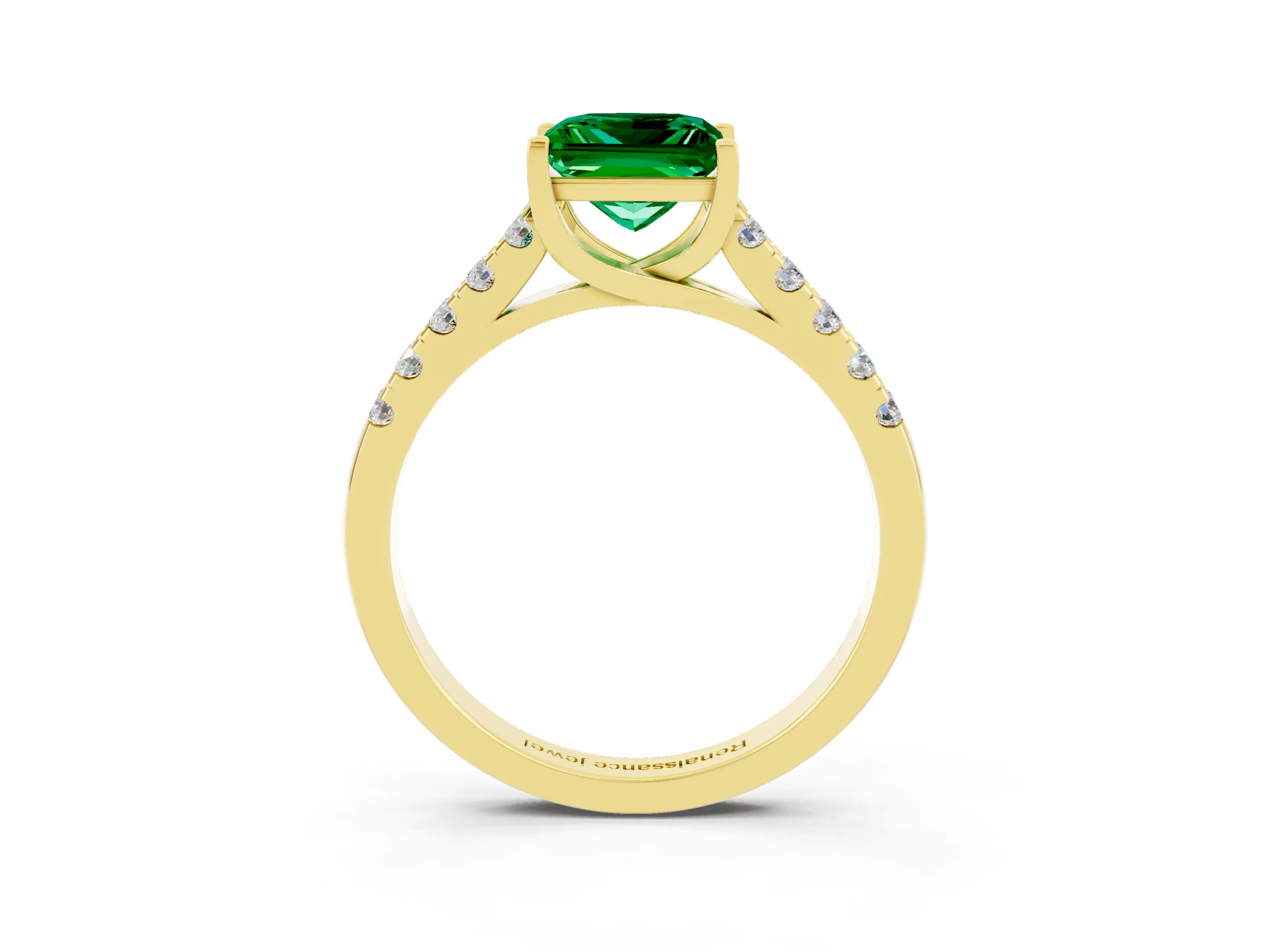 Yellow gold {shape_name} Emerald Solitaire Ring with Pavé Band and Four-Prong Setting_3