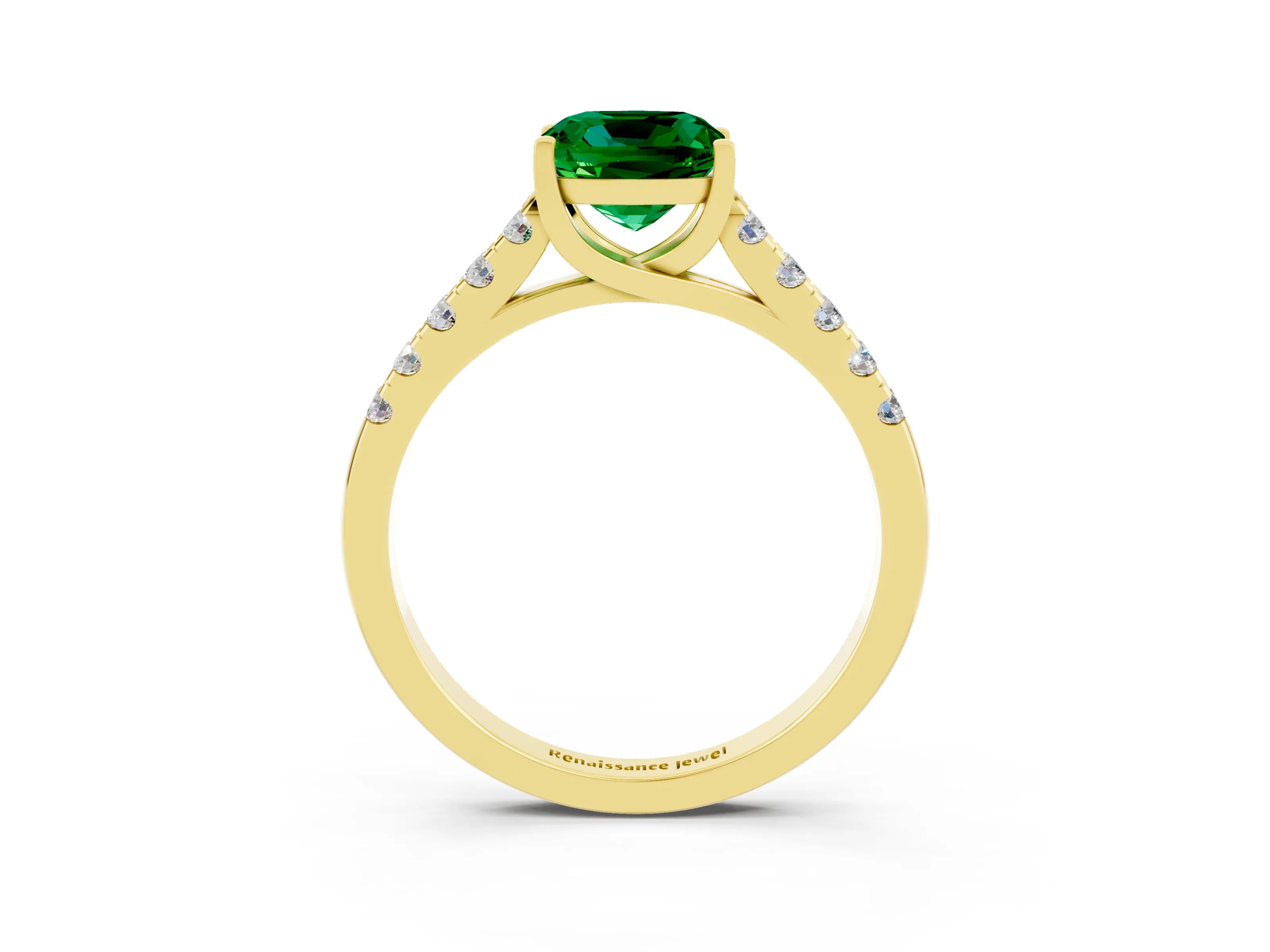 Yellow gold {shape_name} Emerald Solitaire Ring with Pavé Band and Four-Prong Setting_3