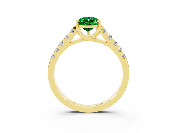 Yellow gold Pear Cut Emerald Pavé Band Solitaire Ring with Prong Setting