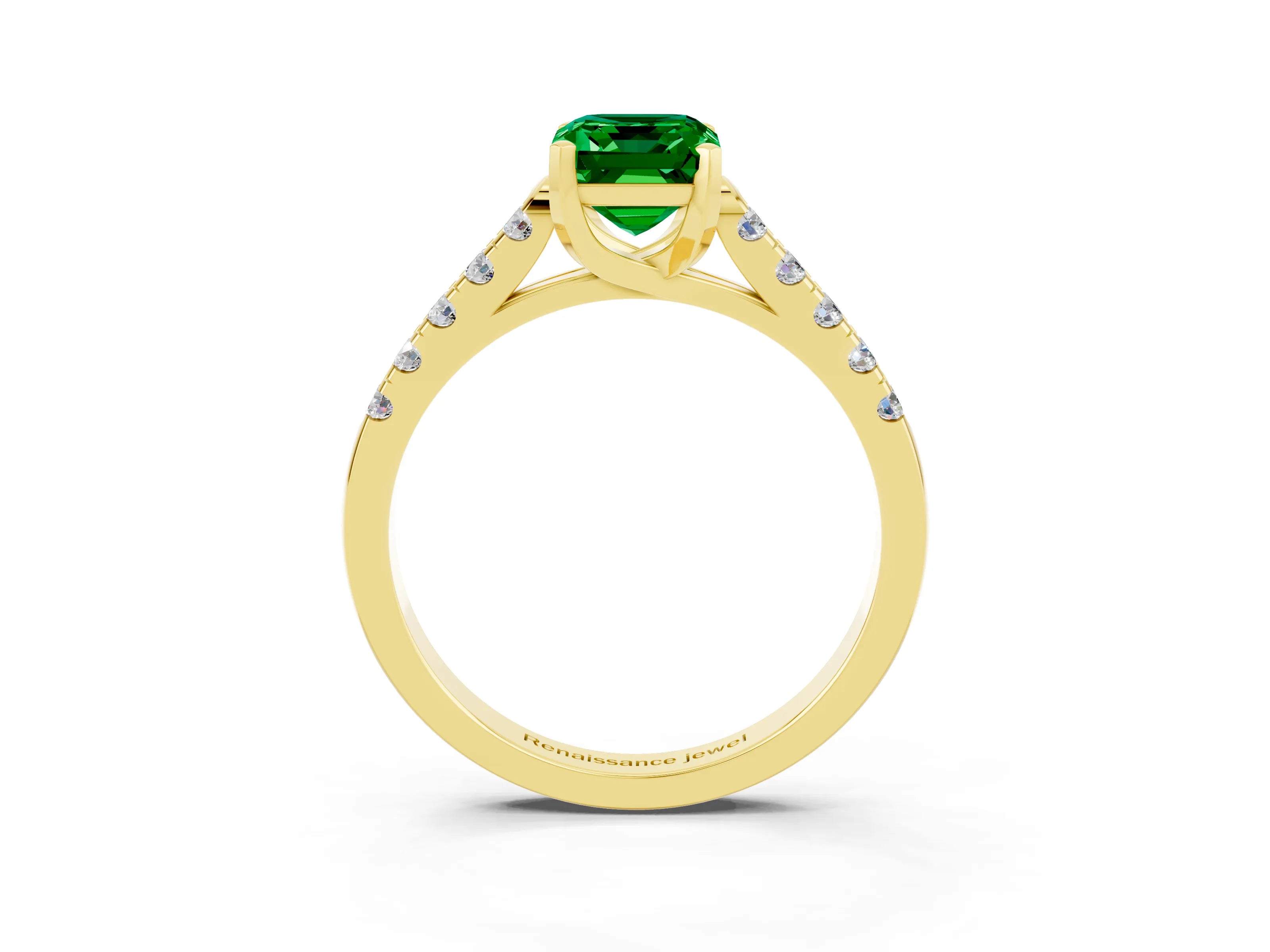 Yellow gold {shape_name} Emerald Solitaire Ring with Pavé Band and Four-Prong Setting_3