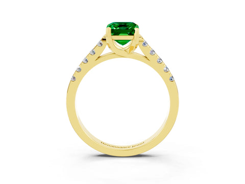Yellow gold {shape_name} Emerald Solitaire Ring with Pavé Band and Four-Prong Setting_3