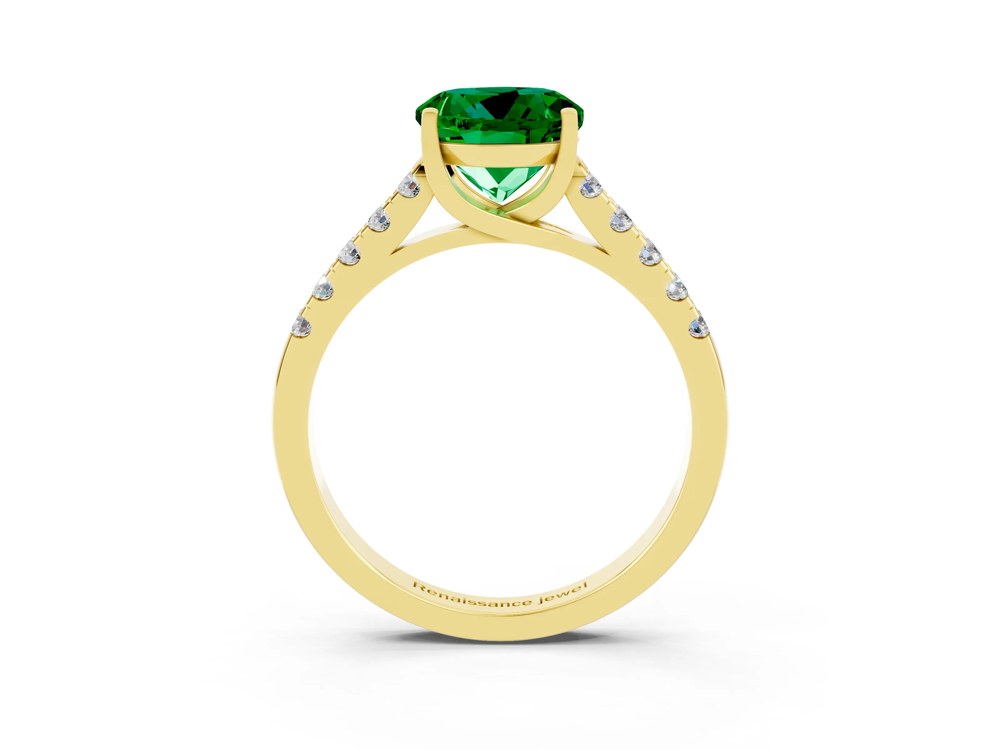 Yellow gold {shape_name} Emerald Solitaire Ring with Pavé Band and Four-Prong Setting_3