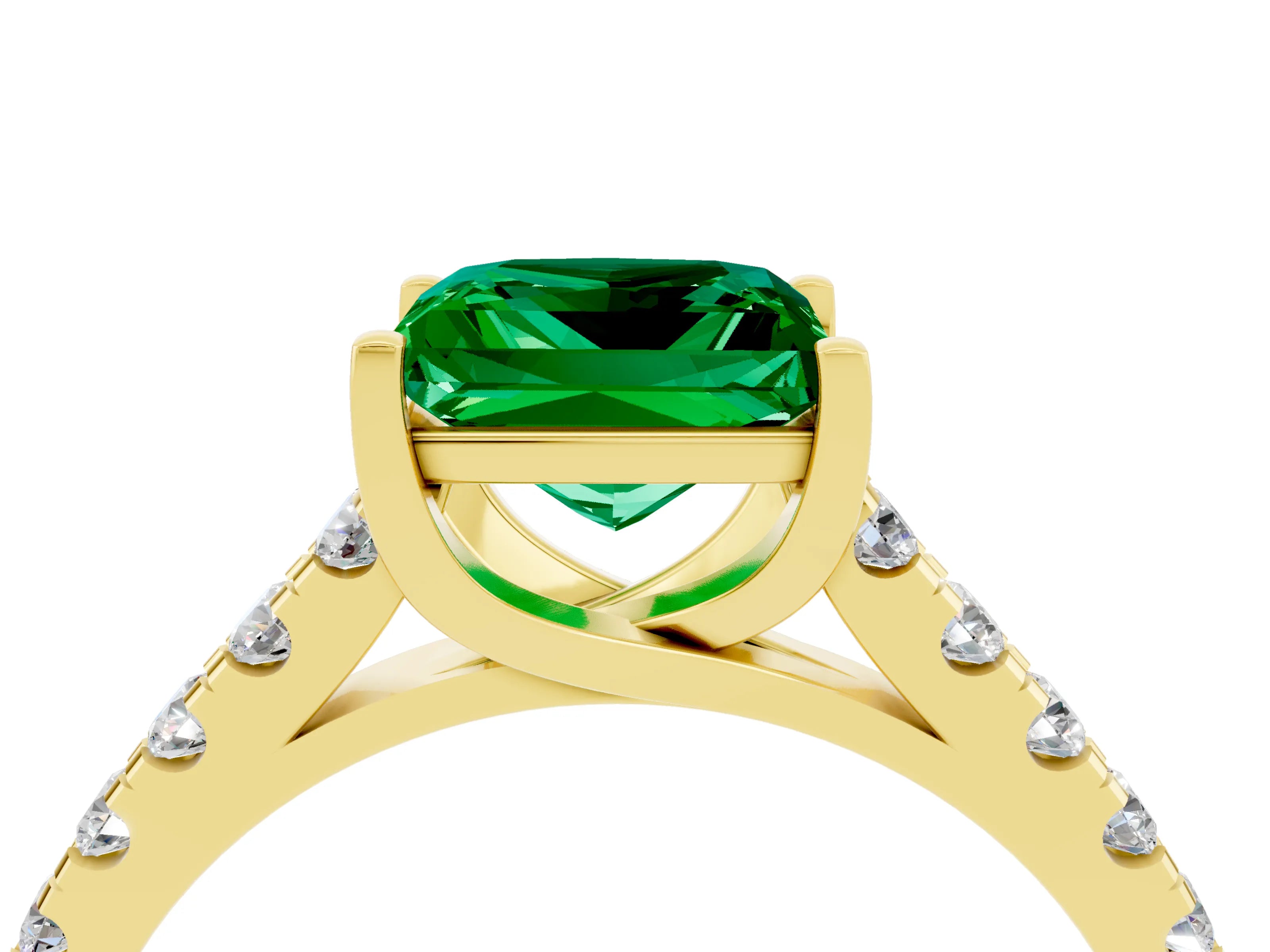 Yellow gold {shape_name} Emerald Solitaire Ring with Pavé Band and Four-Prong Setting_4