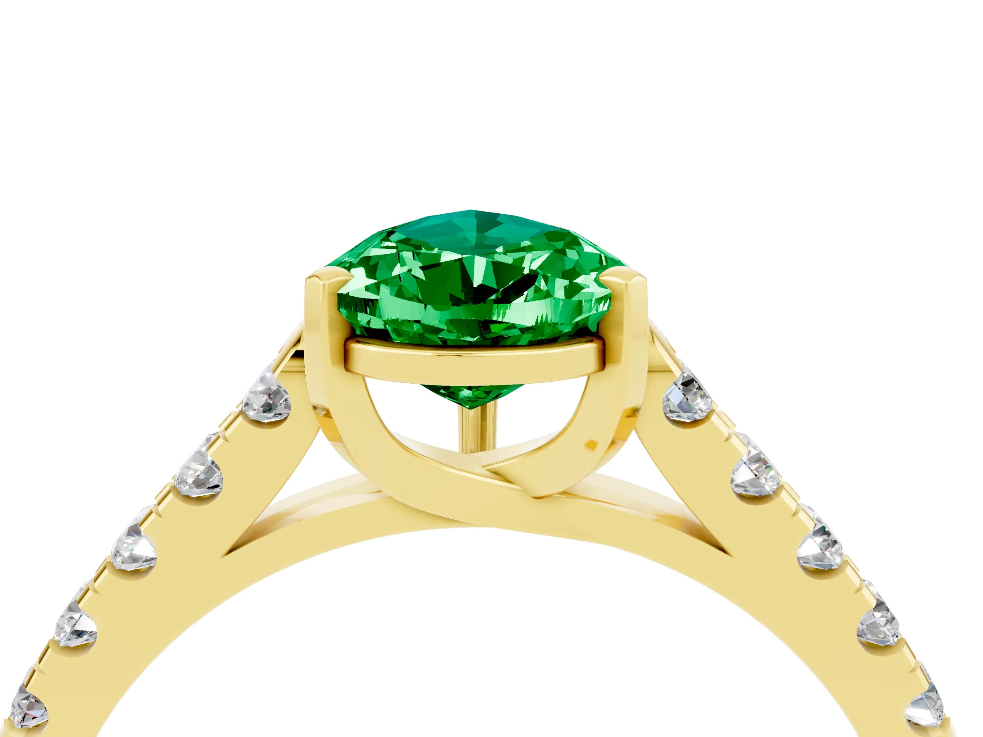 Yellow gold {shape_name} Emerald Solitaire Ring with Pavé Band and Four-Prong Setting_4