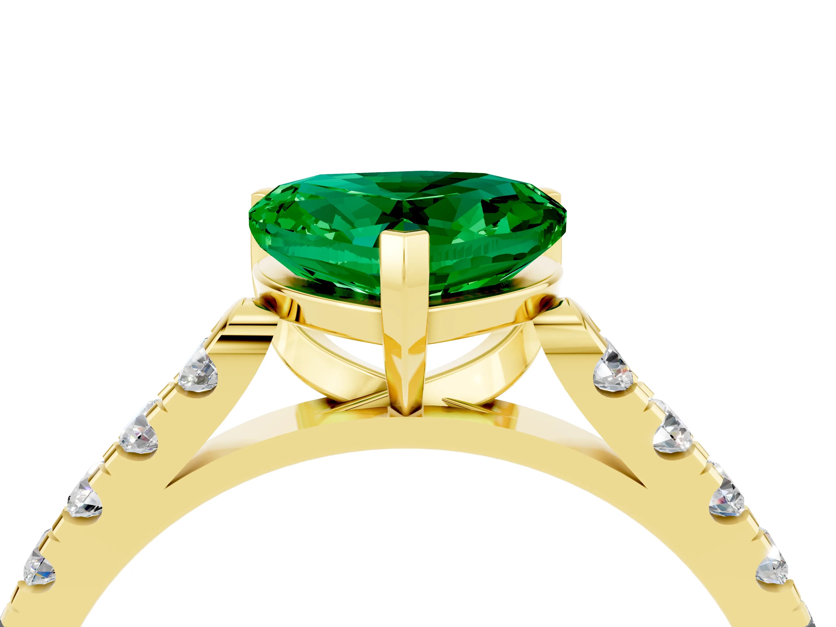 Yellow gold {shape_name} Emerald Solitaire Ring with Pavé Band and Four-Prong Setting_4
