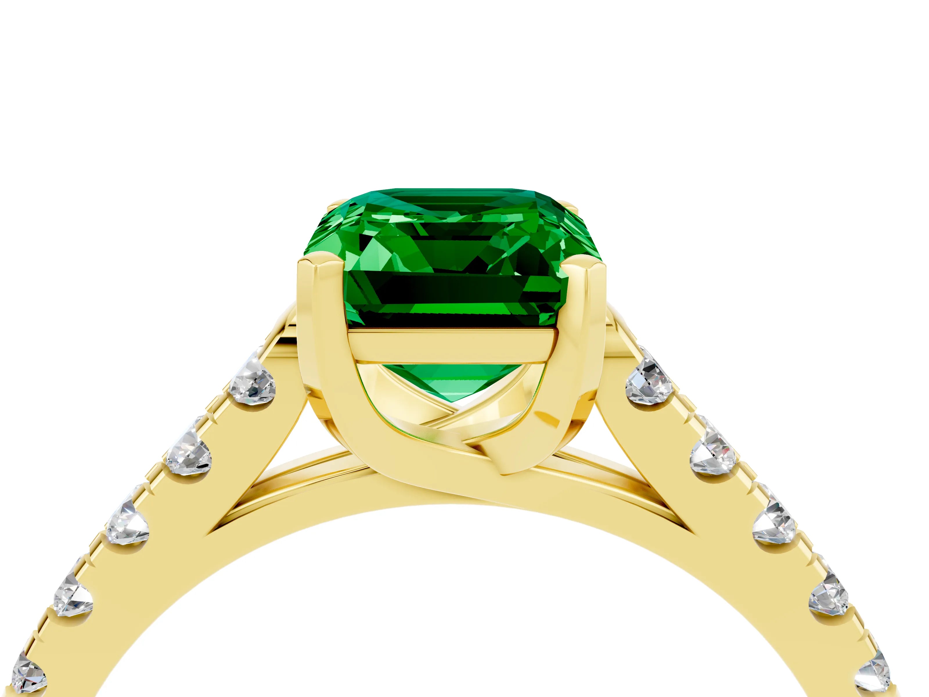 Yellow gold {shape_name} Emerald Solitaire Ring with Pavé Band and Four-Prong Setting_4