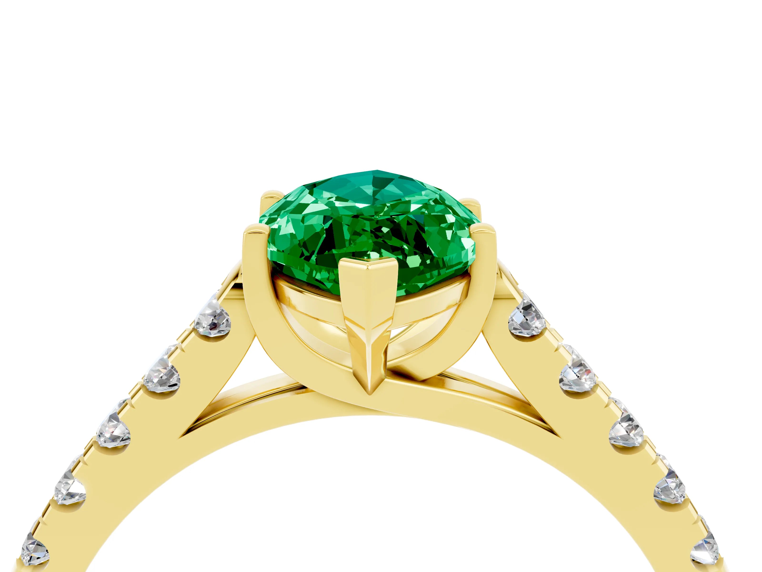 Yellow gold {shape_name} Emerald Solitaire Ring with Pavé Band and Four-Prong Setting_4