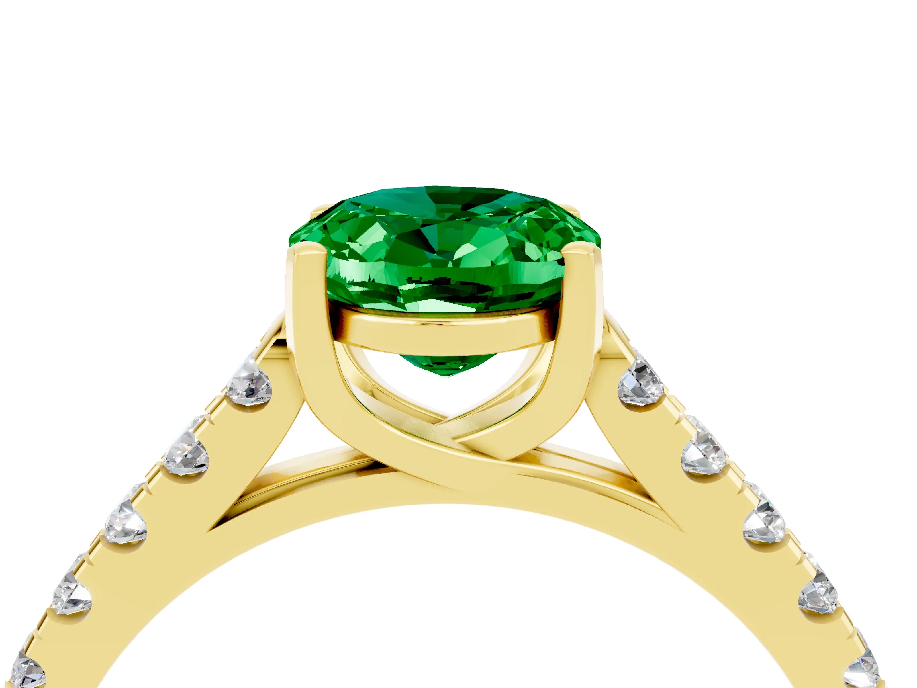 Yellow gold {shape_name} Emerald Solitaire Ring with Pavé Band and Four-Prong Setting_4