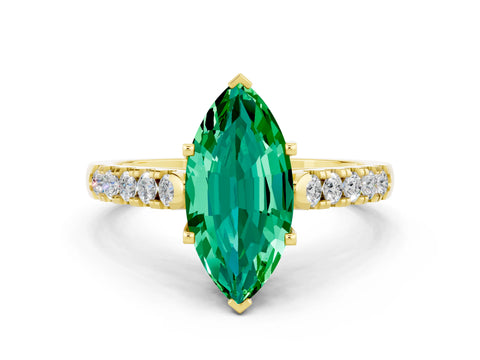Yellow gold {shape_name} Emerald Solitaire Ring with Pavé Band and Four-Prong Setting