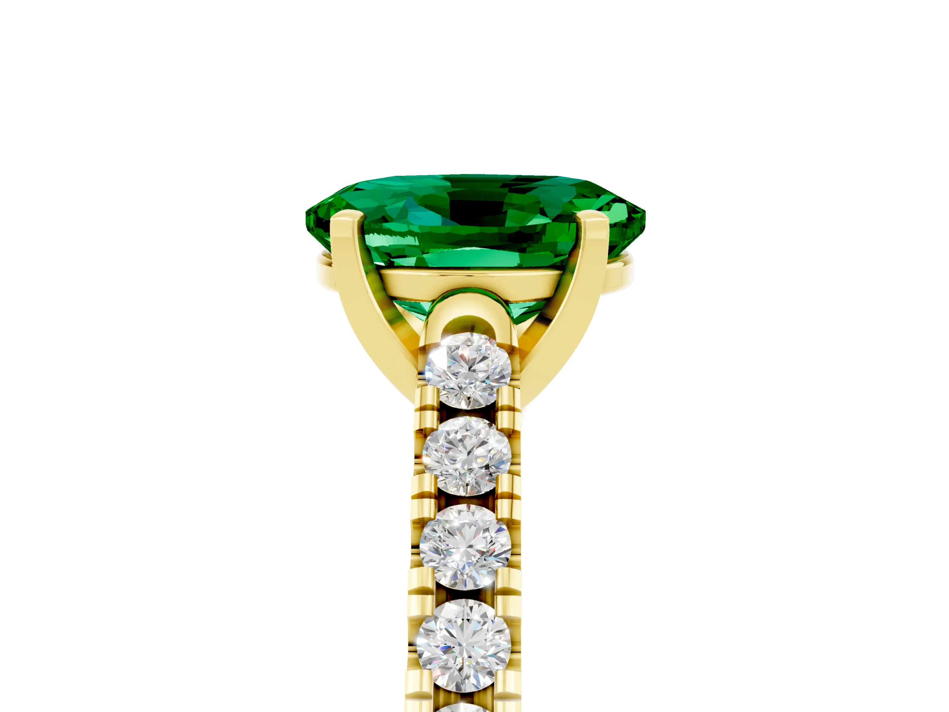 Yellow gold {shape_name} Emerald Solitaire Ring with Pavé Band and Four-Prong Setting_5