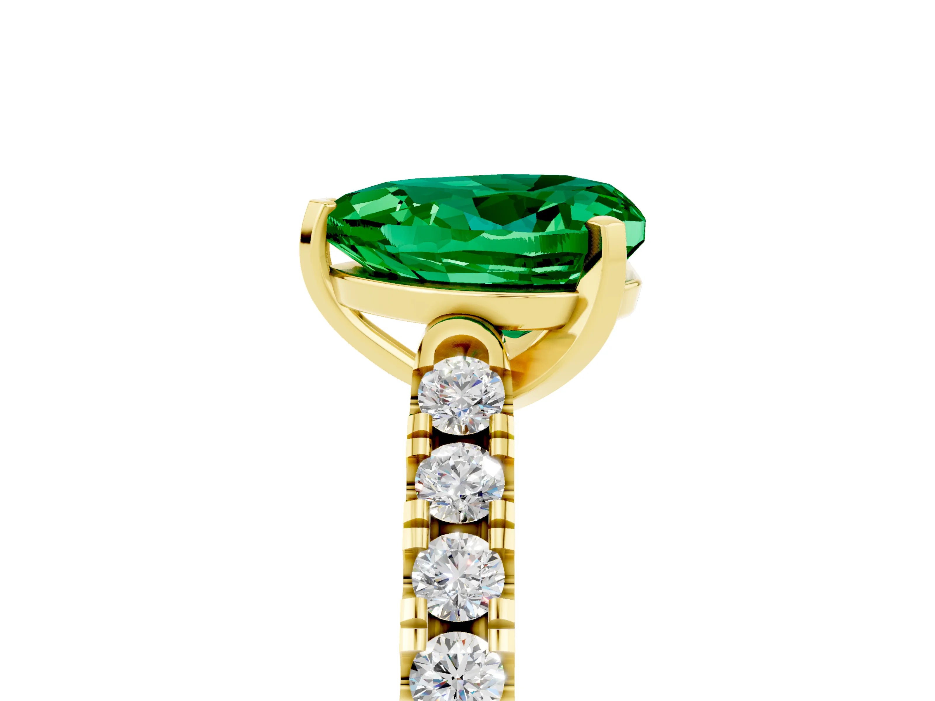 Yellow gold {shape_name} Emerald Solitaire Ring with Pavé Band and Four-Prong Setting_5