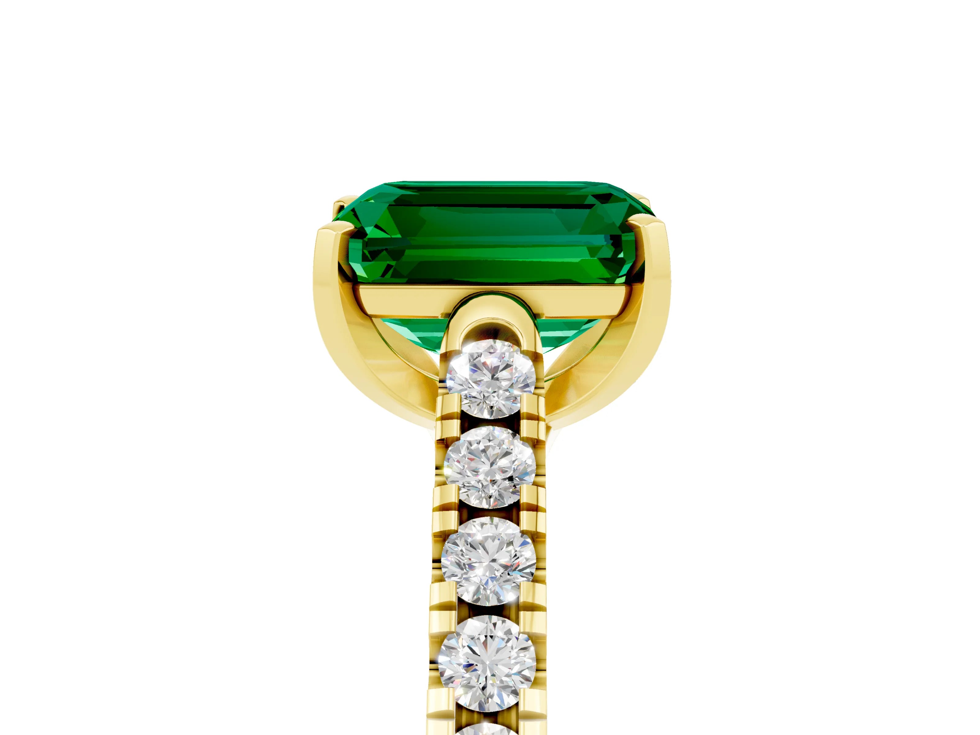 Yellow gold {shape_name} Emerald Solitaire Ring with Pavé Band and Four-Prong Setting_5