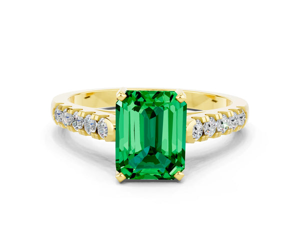 Yellow gold Emerald Cut Emerald Pavé Band Solitaire Ring with Prong Setting
