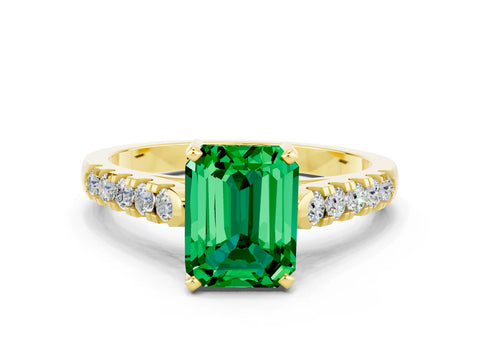 Yellow gold {shape_name} Emerald Solitaire Ring with Pavé Band and Four-Prong Setting