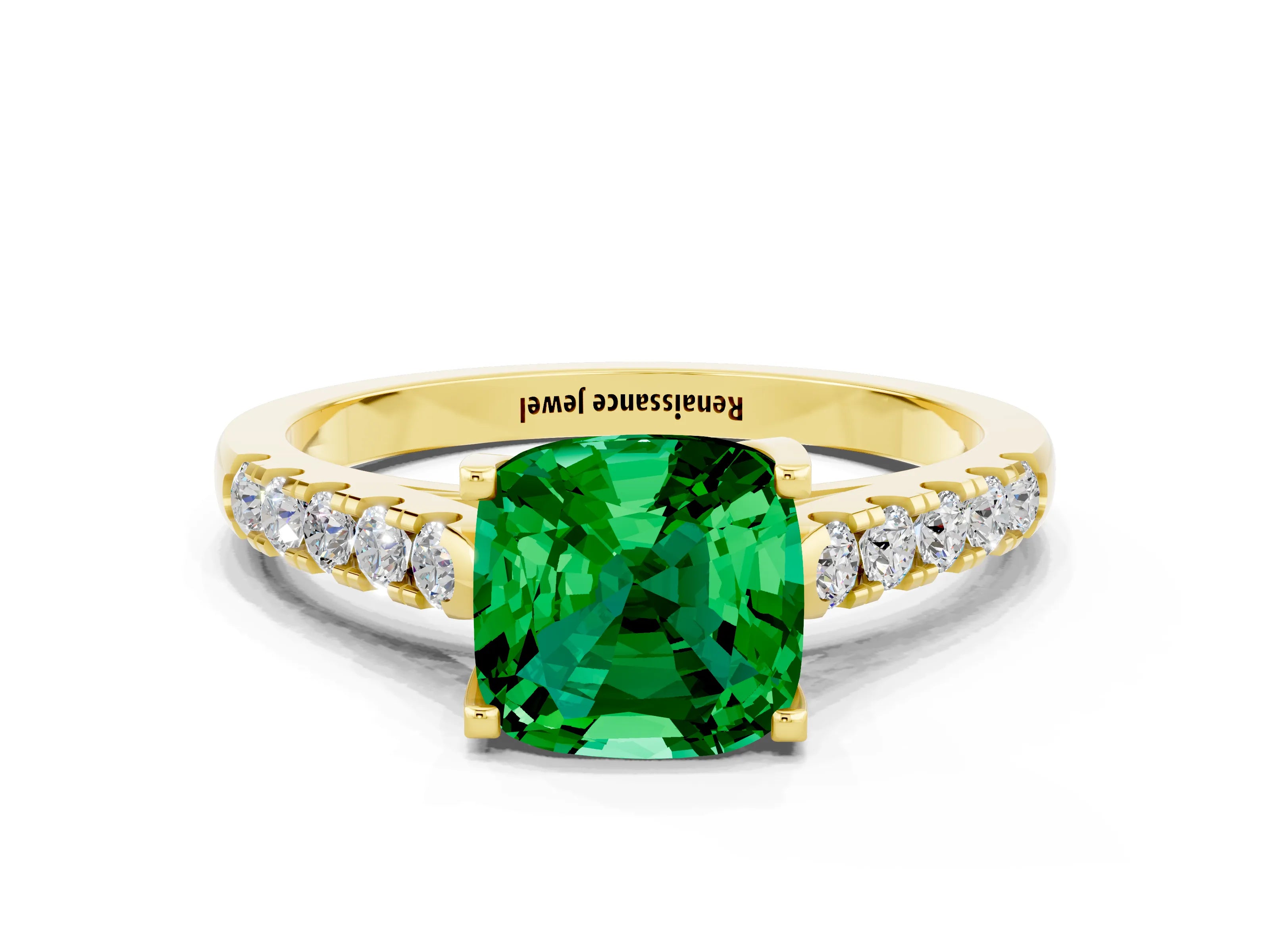 Yellow gold {shape_name} Emerald Solitaire Ring with Pavé Band and Four-Prong Setting