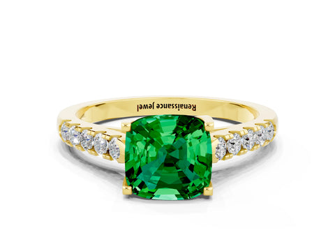 Yellow gold {shape_name} Emerald Solitaire Ring with Pavé Band and Four-Prong Setting