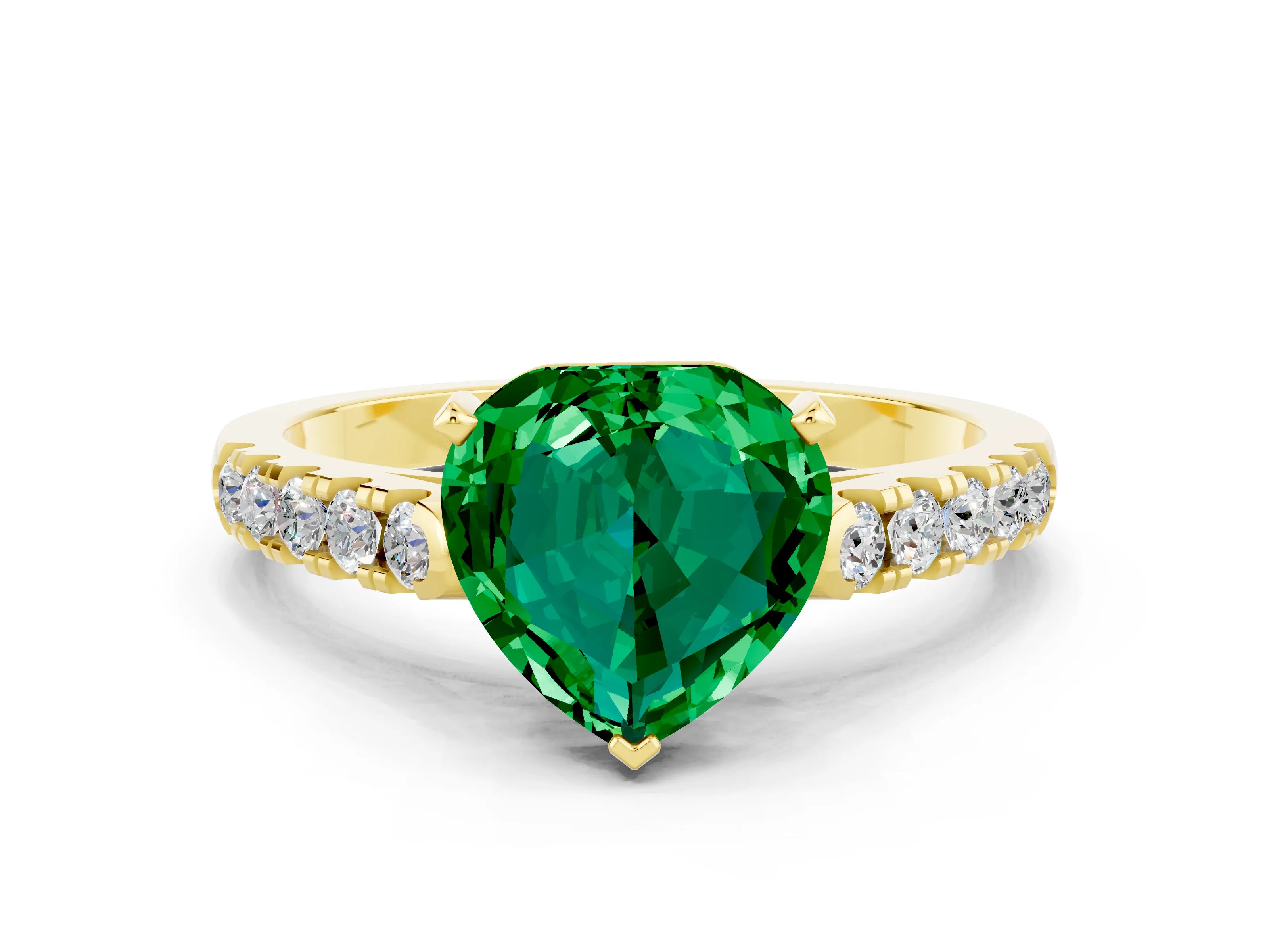 Yellow gold {shape_name} Emerald Solitaire Ring with Pavé Band and Four-Prong Setting