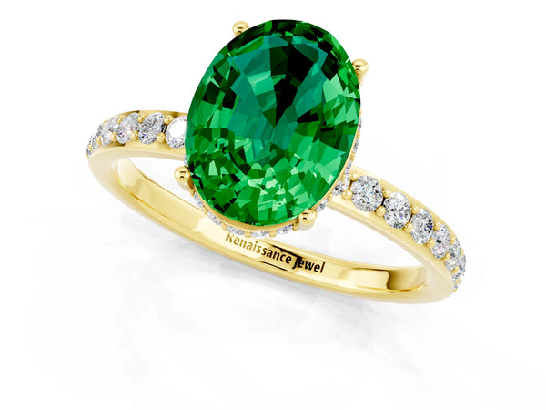 Yellow gold Oval Cut Emerald Solitaire Ring with Pavé Band and Hidden Halo