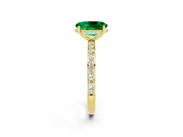 Yellow gold Oval Cut Emerald Solitaire Ring with Pavé Band and Hidden Halo