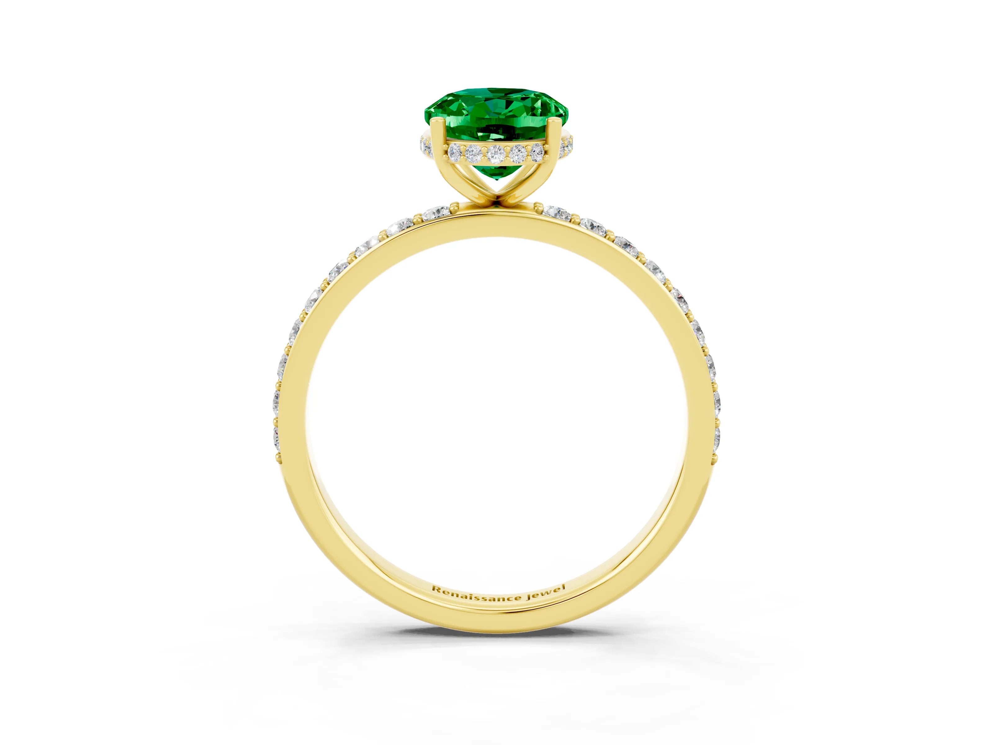 Yellow gold {shape_name} Emerald Solitaire Ring with Pavé Band and Hidden Halo_3