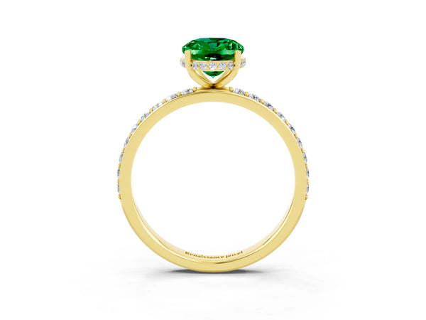 Yellow gold Oval Cut Emerald Solitaire Ring with Pavé Band and Hidden Halo