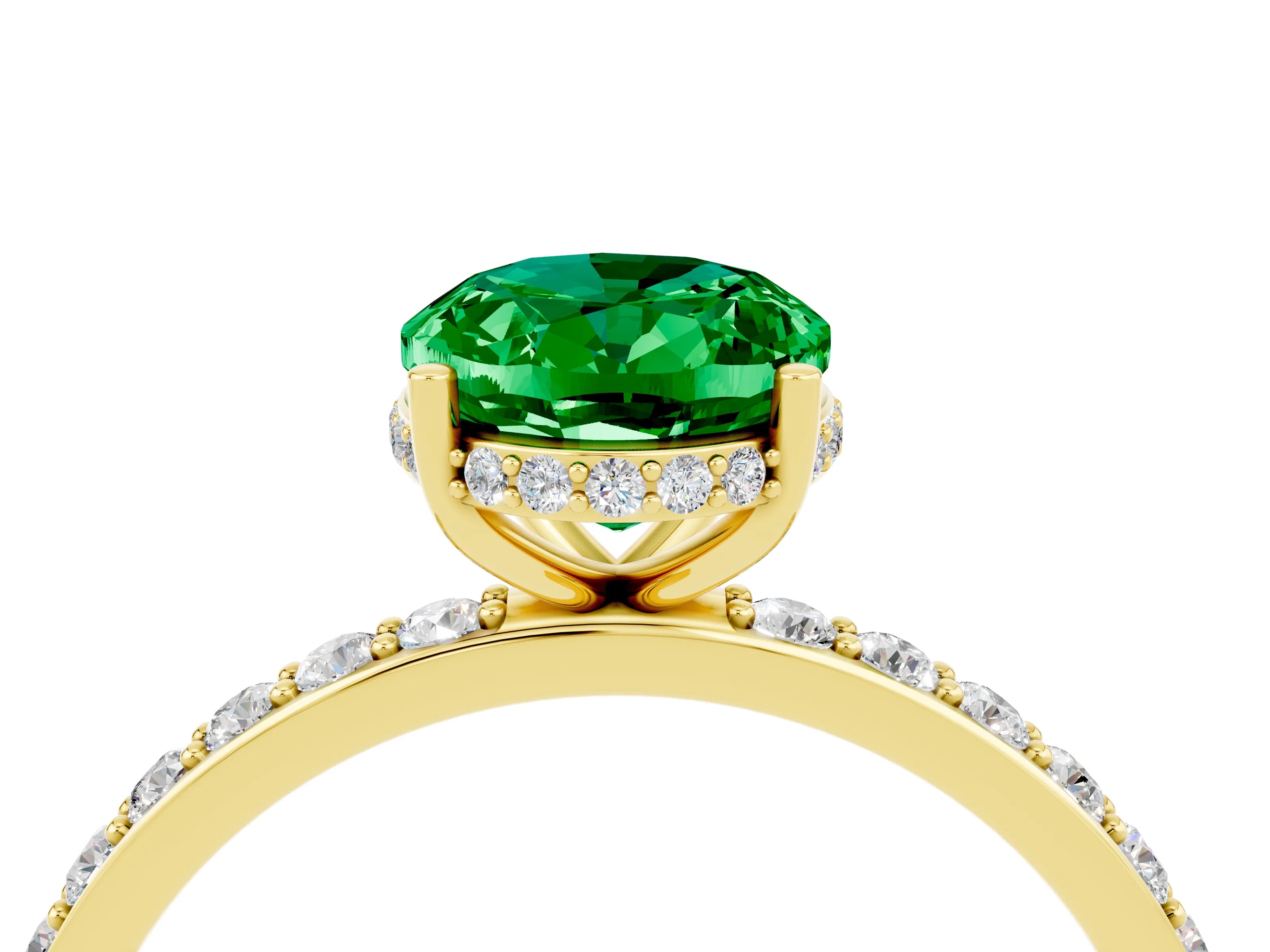 Yellow gold {shape_name} Emerald Solitaire Ring with Pavé Band and Hidden Halo_4