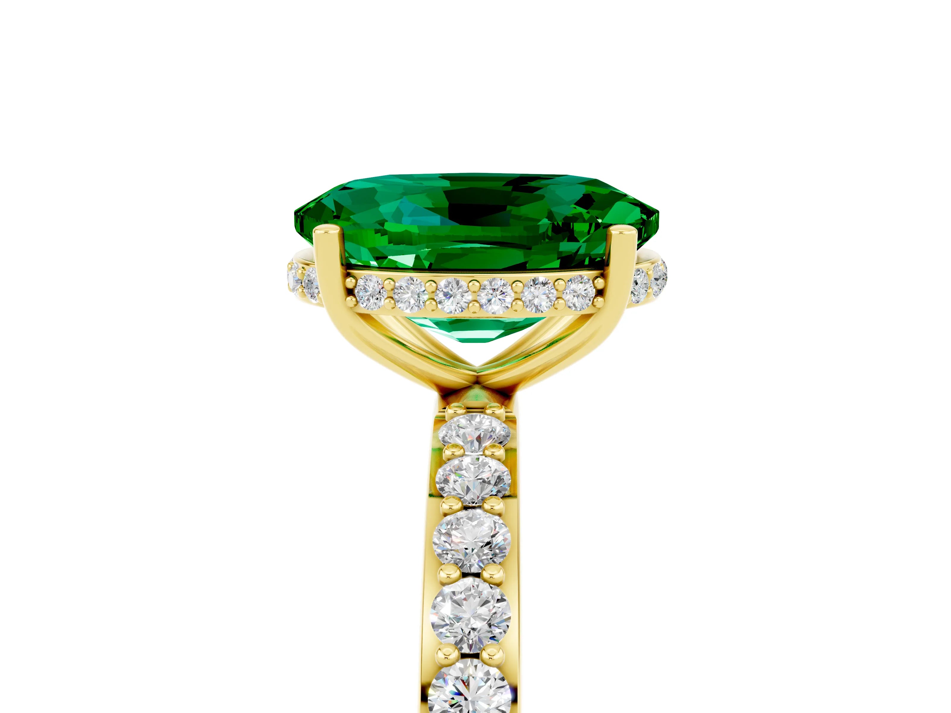 Yellow gold {shape_name} Emerald Solitaire Ring with Pavé Band and Hidden Halo_5