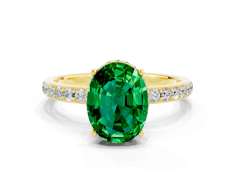 Yellow gold {shape_name} Emerald Solitaire Ring with Pavé Band and Hidden Halo