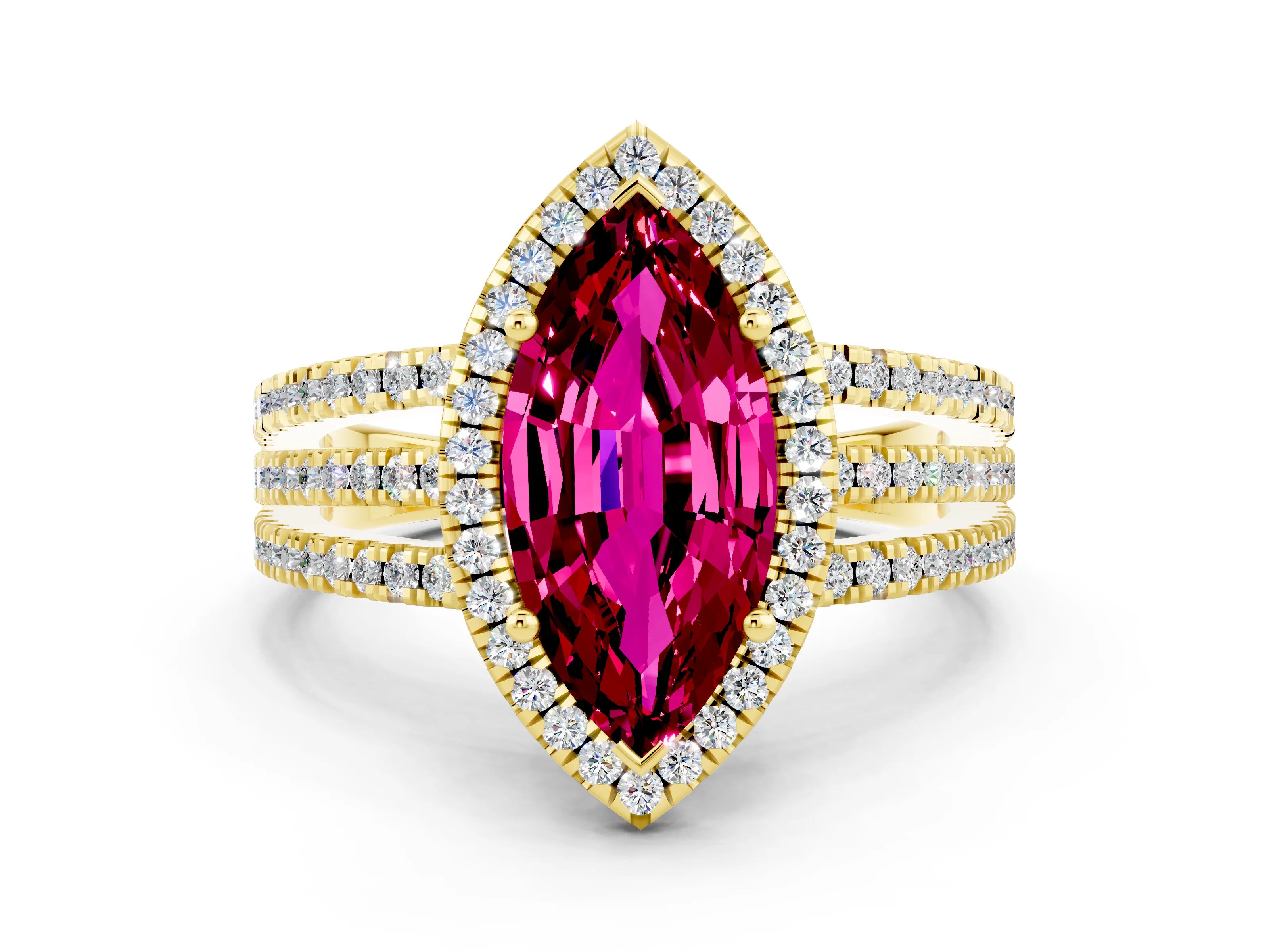 Yellow gold {shape_name} Garnet Halo Engagement Ring with Split Shank and Four-Prong Setting