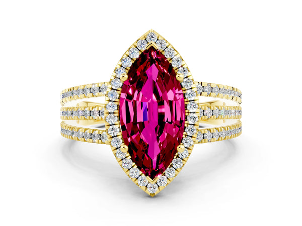 Yellow gold Marquise Cut Garnet Halo Engagement Ring with Split Shank and Four-Prong Setting