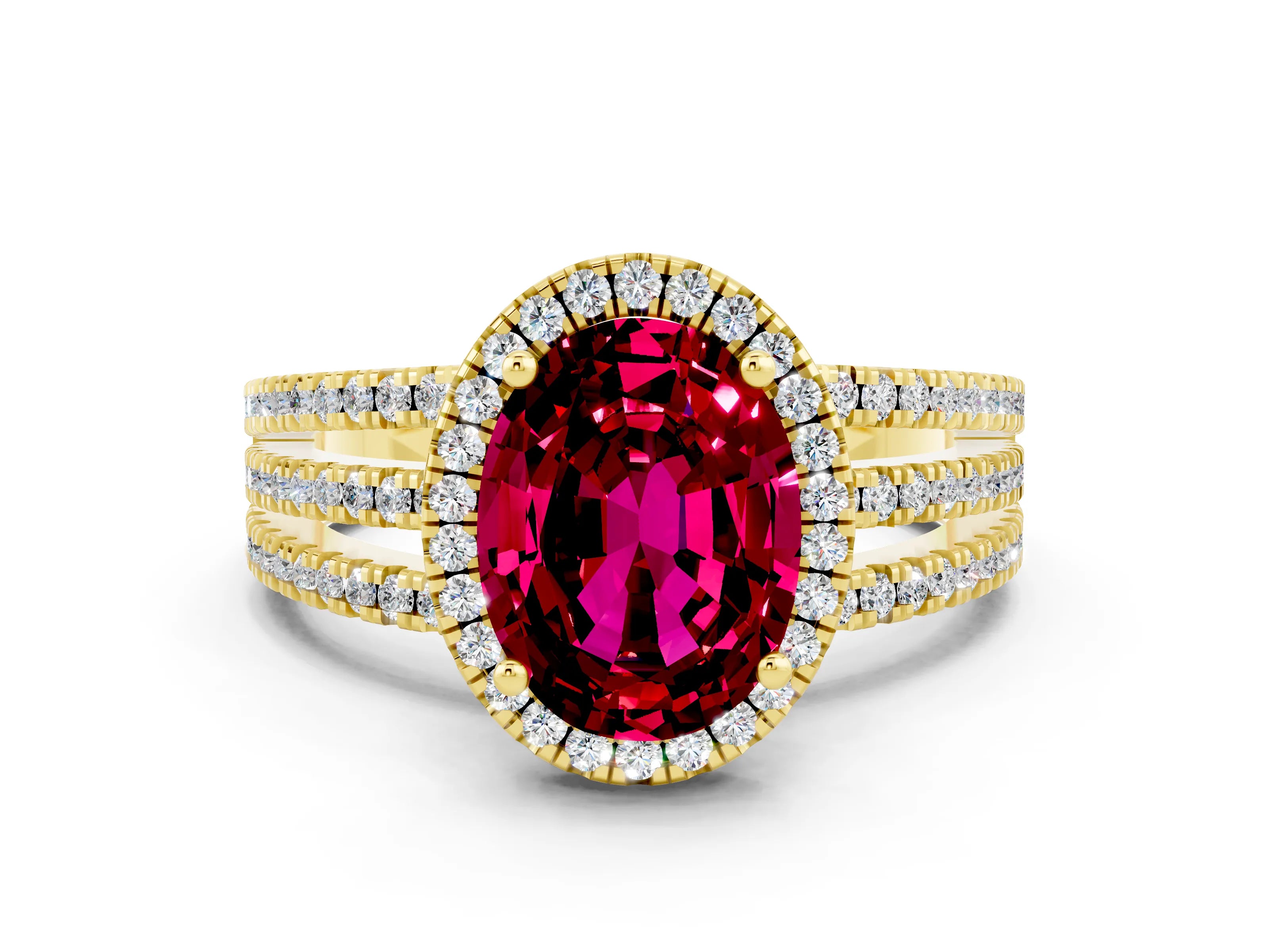 Yellow gold {shape_name} Garnet Halo Engagement Ring with Split Shank and Four-Prong Setting