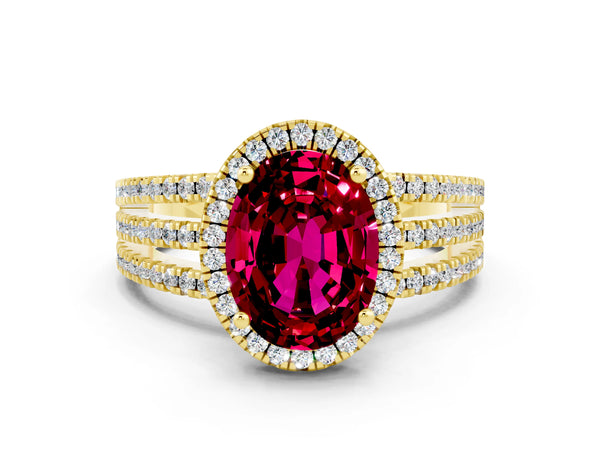 Yellow gold Oval Cut Garnet Halo Engagement Ring with Split Shank and Four-Prong Setting