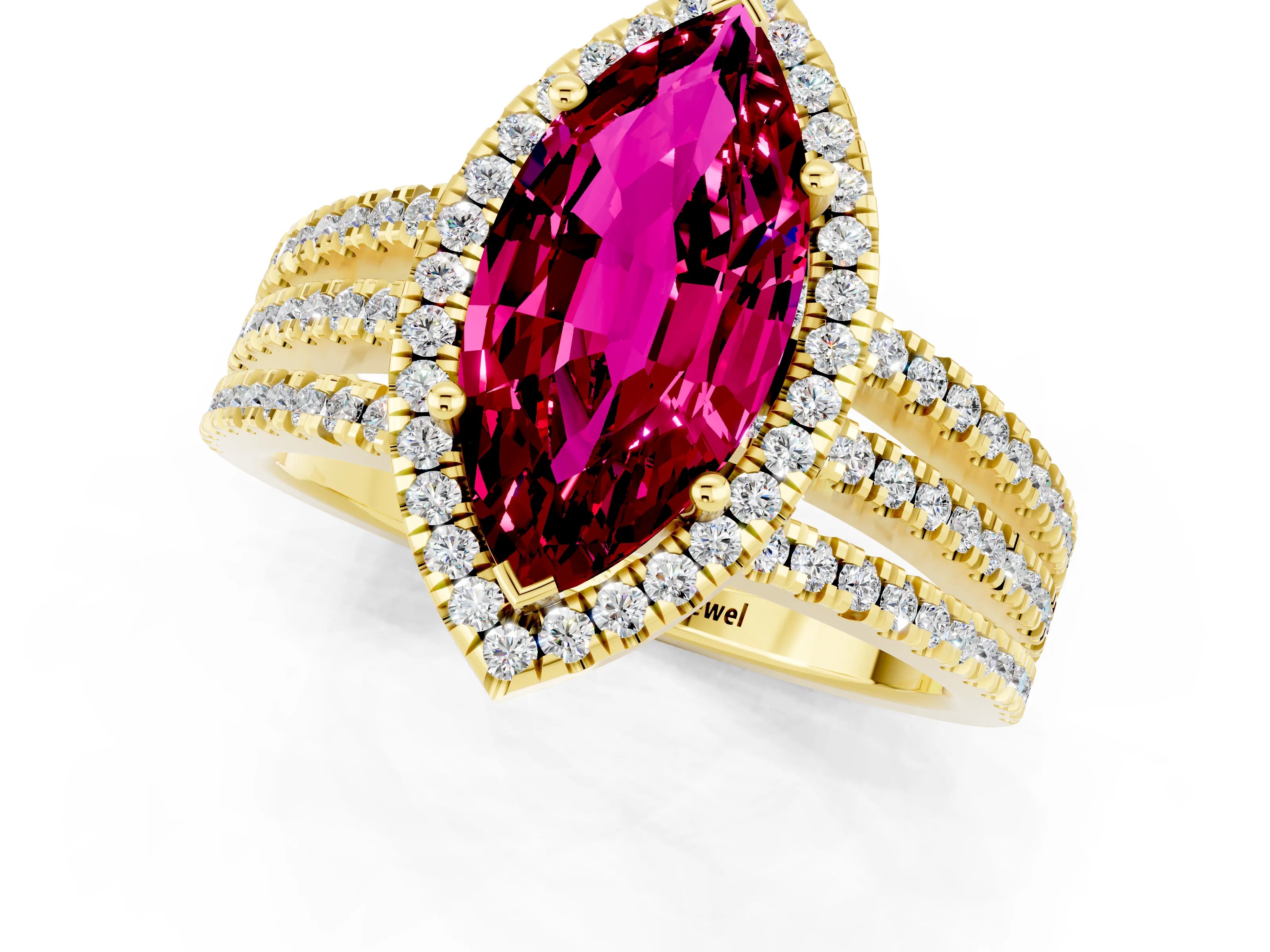 Yellow gold {shape_name} Garnet Halo Engagement Ring with Split Shank and Four-Prong Setting_1