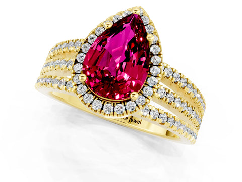 Yellow gold {shape_name} Garnet Halo Engagement Ring with Split Shank and Four-Prong Setting_1