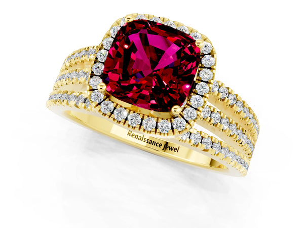 Yellow gold Cushion Cut Garnet Halo Engagement Ring with Split Shank and Four-Prong Setting