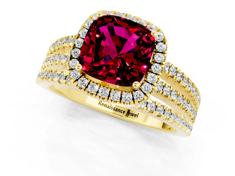 Yellow gold {shape_name} Garnet Halo Engagement Ring with Split Shank and Four-Prong Setting_1