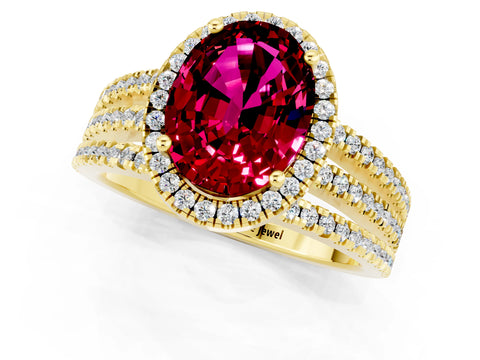 Yellow gold {shape_name} Garnet Halo Engagement Ring with Split Shank and Four-Prong Setting_1