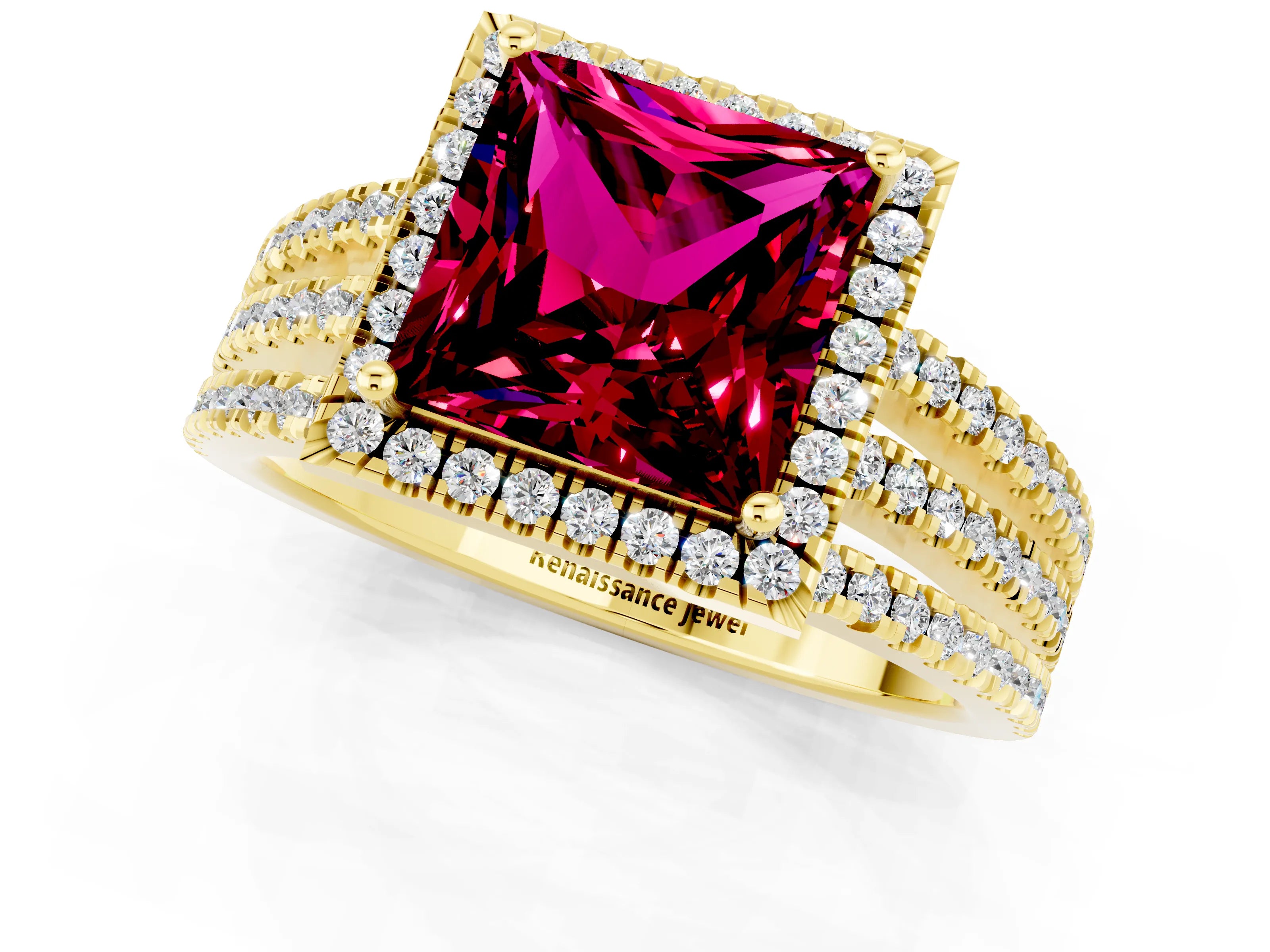 Yellow gold {shape_name} Garnet Halo Engagement Ring with Split Shank and Four-Prong Setting_1