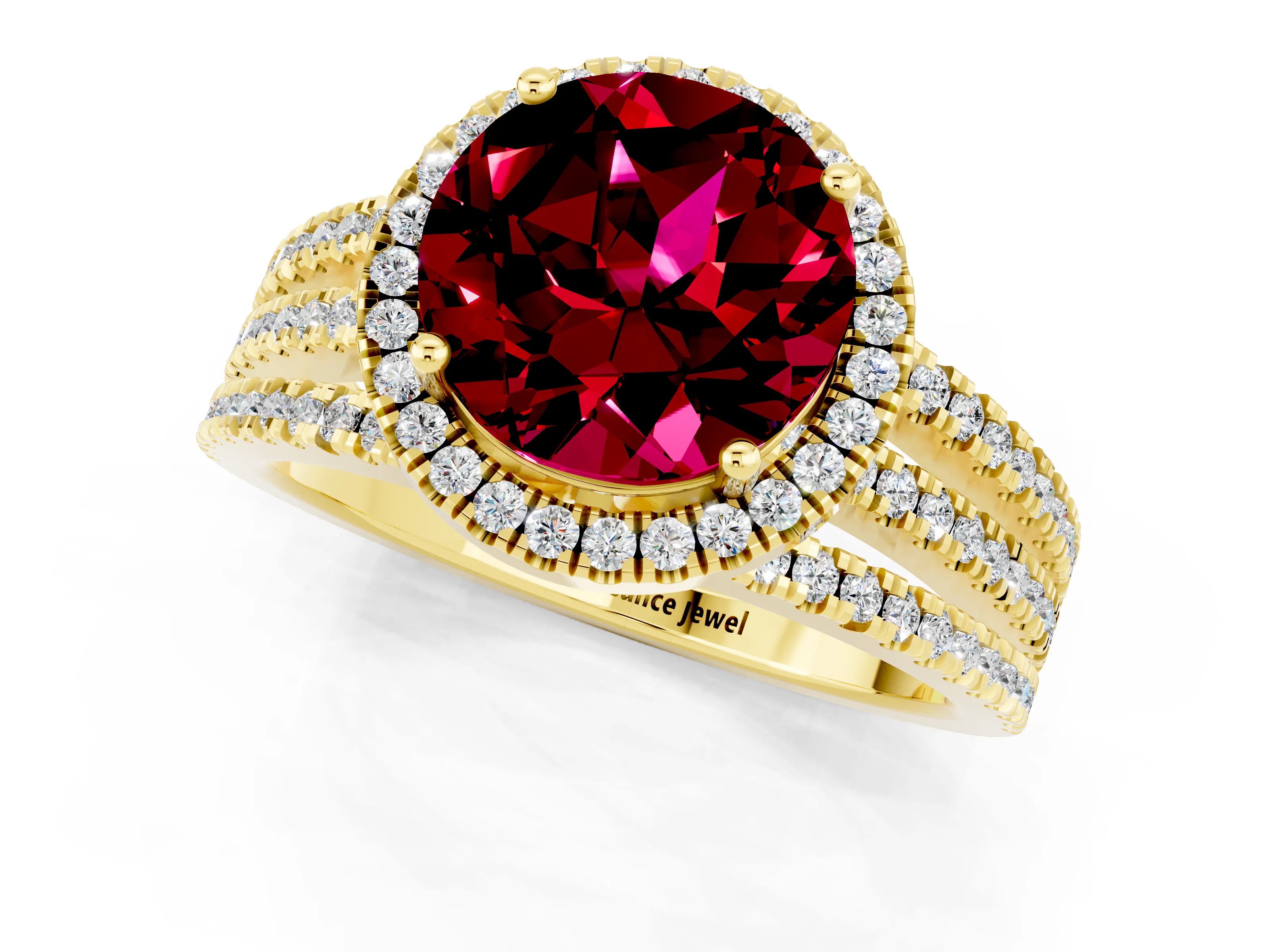 Yellow gold {shape_name} Garnet Halo Engagement Ring with Split Shank and Four-Prong Setting_1