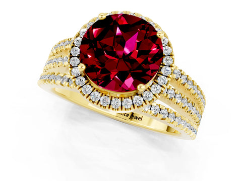 Yellow gold {shape_name} Garnet Halo Engagement Ring with Split Shank and Four-Prong Setting_1